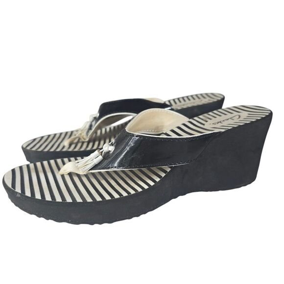 Clarks Black and White Wedge Sandals with Striped Footbed - Picture 6 of 6